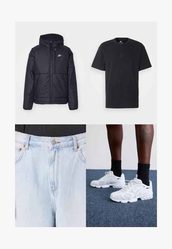 Zwarte, gewatteerde Nike-jas met een voorkant met ritssluiting en capuchon. Kenmerkt zich door een wit logo op de linkerborst en dubbele frontzakken. Gladde buitenkant.; Zwarte katoenen t-shirt van Nike met een klassieke ronde hals, korte mouwen en een subtiele, reliëflogo op de borst. Gladde textuur.; Lichtblauwe denim jeans met een rafelige zoom, zilveren knoopsluiting en koperen klinknagels. Heeft zichtbare stiksel en gevoerde zakken aan de voorkant.; Witte sportieve schoenen met een bovenkant van mesh, gemêleerde accenten en een gevoerde zool. Samengesteld met zwarte geribde enkelsokken op een blauwe tapijtvloer.