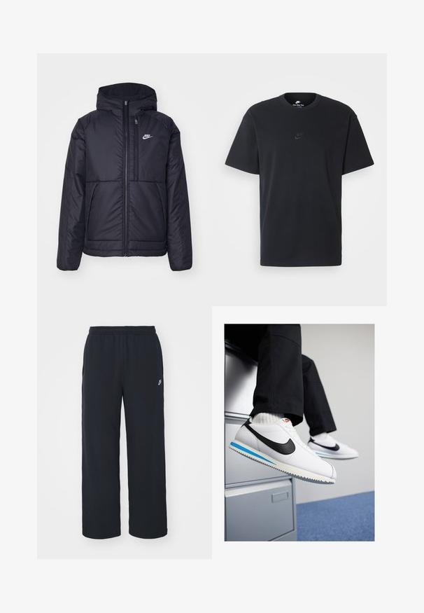 Juodas, paminkštintas Nike džemperis su priekyje užtrauktuku ir gobtuvu. Pasižymi balta logo kairėje krūtinės pusėje ir dviem priekinėmis kišenėmis. Su lygiu išoriniu paviršiumi.; Juodas medvilninis Nike marškinėliai su klasikinėmis apykaklėmis, trumpomis rankovėmis ir subtiliu, įspaustu logotipu ant krūtinės. Sklandus tekstūra.; Juoda sportinė kelnė su elastingu juosmeniu, tiesiomis kojomis ir mažuoju baltu logotipu kairėje pusėje. Pagaminta iš minkštos medžiagos.; Baltos odinės sportbačiai su juodu Nike logotipu, šviesiai mėlyna ir pilka guma padais bei klasikiniu raištelių dizainu. Kojos remiasi į dokumentų spintą.