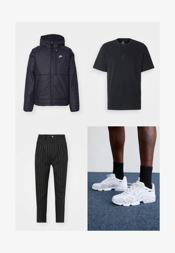 Čierna, polstrovaná bunda Nike so zipsom vpredu a kapucňou. Na ľavej strane hrude sa nachádza biele logo a sú tu dva predné vrecká. Hladký vonkajší povrch.; Čierne bavlnené tričko Nike s klasickým okrúhlym výstrihom, krátkymi rukávmi a jemne embosovaným logom na hrudi. Hladká textúra.; Čierne pruhované nohavice s prispôsobeným strihom, s predným zapínaním na gombík, pútkami na opasok a hladkou textúrou látky.; Biele športové topánky s priedušnou sieťovinou, textúrovanými akcentmi a polstrovanou podrážkou. Kombinované s čiernymi rebrovanými členkovými ponožkami na modrom kobercovom povrchu.