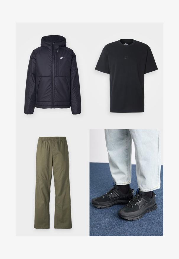 Casaco Nike preto, acolchoado, com fecho à frente e capuz. Apresenta um logo branco no lado esquerdo do peito e dois bolsos frontais. Textura exterior lisa.; T-shirt de algodão preto da Nike com um clássico decote redondo, mangas curtas e um logótipo em relevo discreto no peito. Textura suave.; Calças cargo verde-oliva com cintura elástica, pernas largas e detalhes em painéis nos joelhos, feitas de um tecido durável.; Sapatilhas desportivas pretas com tecido texturizado e solas em borracha, apresentando atacadores elásticos e um detalhe azul no calcanhar. Usadas com calças de ganga claras.
