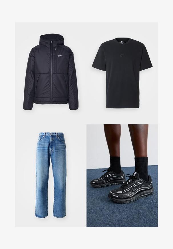 Casaco Nike preto, acolchoado, com fecho à frente e capuz. Apresenta um logo branco no lado esquerdo do peito e dois bolsos frontais. Textura exterior lisa.; T-shirt de algodão preto da Nike com um clássico decote redondo, mangas curtas e um logótipo em relevo discreto no peito. Textura suave.; Calças de ganga azul claro com corte direito, apresentando um fecho por botão e zíper, design de cinco bolsos e desbotamento para um aspeto usado.; Os sapatos pretos da Nike apresentam um upper em malha com riscas de destaque, atacadores texturizados e uma sola de borracha preta. Usados com meias pretas caneladas.