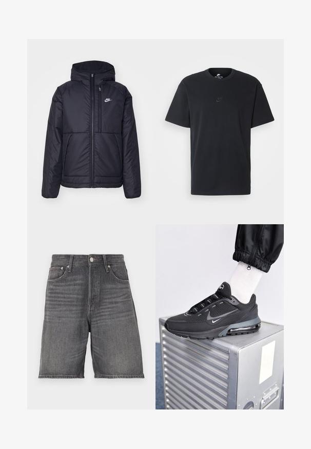 Zwarte, gewatteerde Nike-jas met een voorkant met ritssluiting en capuchon. Kenmerkt zich door een wit logo op de linkerborst en dubbele frontzakken. Gladde buitenkant.; Zwarte katoenen t-shirt van Nike met een klassieke ronde hals, korte mouwen en een subtiele, reliëflogo op de borst. Gladde textuur.; Denim shorts in een donkergrijze kleur met een rechte snit. Bevat vijf zakken, een tailleband met riemlussen en een knoopsluiting.; Nike Sportswear PULSE - Sneakers laag - black/anthracite