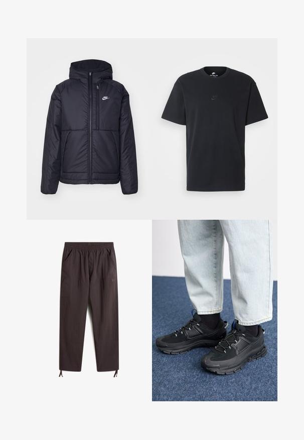 Giacca Nike nera, imbottita, con zip frontale e cappuccio. Presenta un logo bianco sul lato sinistro del petto e doppie tasche frontali. Texture esterna liscia.; T-shirt in cotone nero della Nike con collo rotondo classico, maniche corte e un logo in rilievo discreto sul petto. Texture liscia.; Pantaloni marroni scuri, leggeri, con vita elastica, due tasche laterali, gambe affusolate e coulisse regolabili ai polsini.; Scarpe sportive nere con tessuto testurizzato e suole in gomma, dotate di lacci elastici e un accento blu sul tallone. Indossate con pantaloni in denim chiaro.