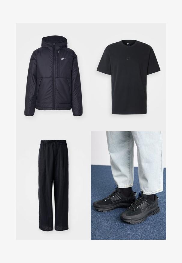 Jachetă Nike neagră, căptușită, cu fermoar pe față și glugă. Prezintă un logo alb pe pieptul stâng și două buzunare frontale. Textură exterioară netedă.; Tricou din bumbac negru Nike, cu guler rotund clasic, mâneci scurte și un logo subtil embosat pe piept. Textură netedă.; Pantaloni largi din in negru, cu talie cu șnur și croială relaxată. Textură netedă, fără modele sau detalii metalice vizibile.; Pantofi sport negri, cu țesătură texturată și tălpi din cauciuc, având șireturi elastice și un accent albastru pe toc. Purtați cu pantaloni din denim deschis.