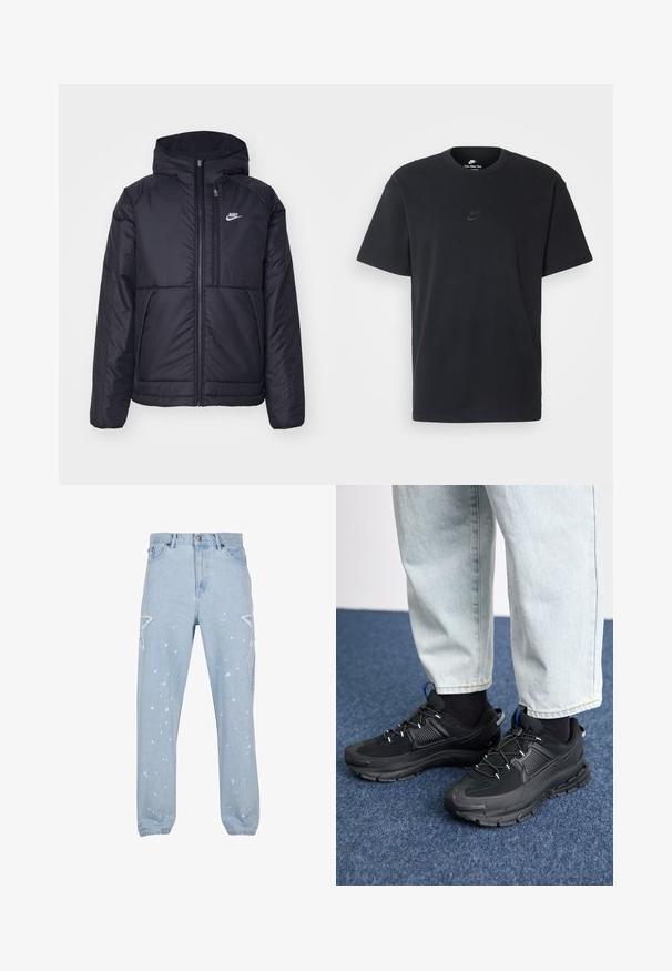 Melna, pufota Nike jaka ar priekšējo rāvējslēdzēju un kapuci. Iezīmēta ar baltu logotipu uz kreisās krūtis un divām priekšējām kabatām. Gluda ārējā tekstūra.; Nike melns kokvilnas T-krekls ar klasisku piegriezumu, īsām piedurknēm un smalku, reljefu logotipu uz krūškurvja. Gluda tekstūra.; Gaiši zilo džinsu bikses ar brīvu piegriezumu, ar zvaigžņu formas izgriezumiem, krāsas traipiem un klasisko piecu kabatu dizainu.; Melni sporta apavi ar strukturētu audumu un gumijas zoli, ar elastīgām auklām un zilu akcentu uz papēža. Nēsāti ar gaišām džinsu biksēm.