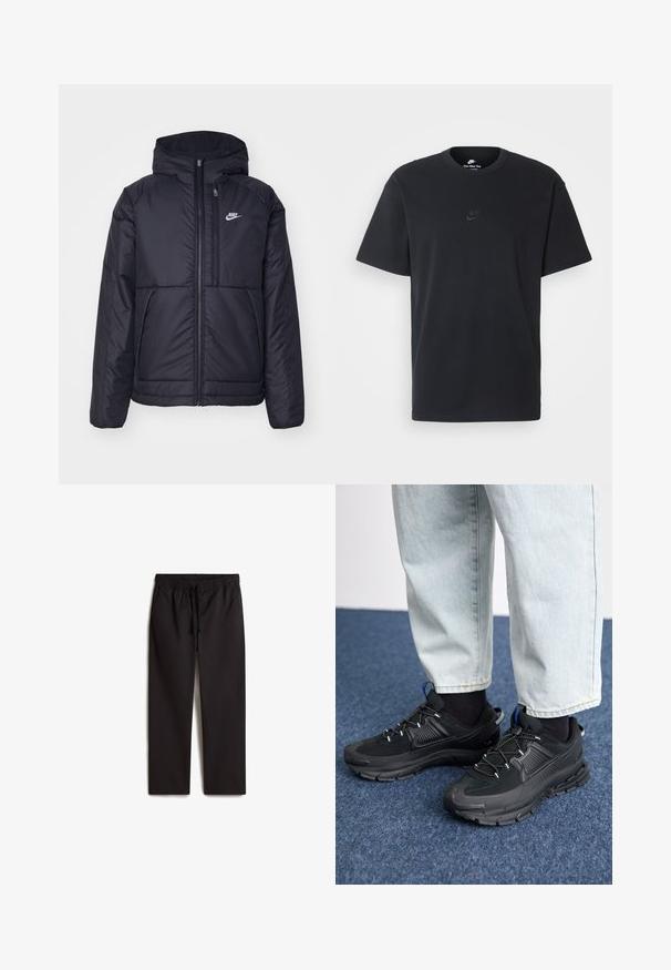 Giacca Nike nera, imbottita, con zip frontale e cappuccio. Presenta un logo bianco sul lato sinistro del petto e doppie tasche frontali. Texture esterna liscia.; T-shirt in cotone nero della Nike con collo rotondo classico, maniche corte e un logo in rilievo discreto sul petto. Texture liscia.; Pantaloni neri con vita elastica e cordoncino; design a gamba dritta; texture liscia; dotati di due tasche laterali.; Scarpe sportive nere con tessuto testurizzato e suole in gomma, dotate di lacci elastici e un accento blu sul tallone. Indossate con pantaloni in denim chiaro.