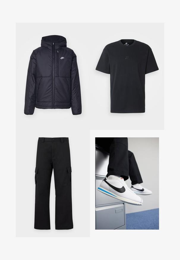 Černá zateplená bunda Nike s předním zipem a kapucí. Na levé straně hrudi má bílé logo a dvojité přední kapsy. Hladký povrch.; Černé bavlněné tričko Nike s klasickým kulatým výstřihem, krátkými rukávy a decentně vyraženým logem na hrudi. Hladký povrch.; Černé cargo kalhoty s rovnou nohavicí. Vyrobené z odolného materiálu, obsahují dvě boční kapsy se zapínáním na klopu a knoflíkový zip.; Bílé kožené tenisky s černým logem Nike, světle modrou a šedou gumovou podrážkou a klasickým šněrovacím designem. Nohy odpočívají na skříni.