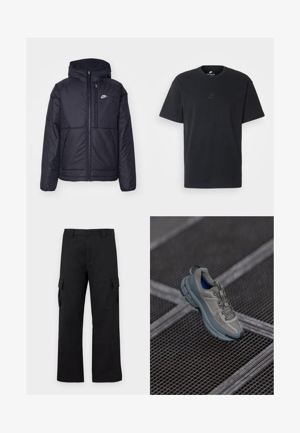 Melna, pufota Nike jaka ar priekšējo rāvējslēdzēju un kapuci. Iezīmēta ar baltu logotipu uz kreisās krūtis un divām priekšējām kabatām. Gluda ārējā tekstūra.; Nike melns kokvilnas T-krekls ar klasisku piegriezumu, īsām piedurknēm un smalku, reljefu logotipu uz krūškurvja. Gluda tekstūra.; Melni kargo bikses ar taisnu kāju dizainu. Izgatavotas no izturīga auduma, ar divām sānu kabatām ar atloki un pogu aizdari.; Bežīgas un pelēkas sporta kurpes ar teksturētu sieta augšdaļu, noapaļotu purngalu un gumijas zoli, satur šņores un mīkstinātu apkakli.