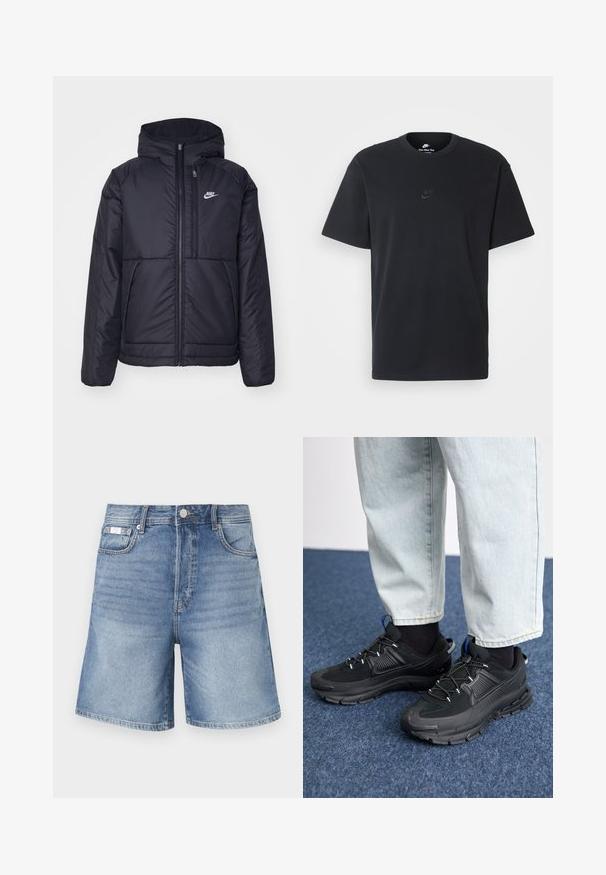 Giacca Nike nera, imbottita, con zip frontale e cappuccio. Presenta un logo bianco sul lato sinistro del petto e doppie tasche frontali. Texture esterna liscia.; T-shirt in cotone nero della Nike con collo rotondo classico, maniche corte e un logo in rilievo discreto sul petto. Texture liscia.; Bermuda in denim azzurro chiaro, con un taglio classico, design a cinque tasche e cuciture a contrasto. Il materiale è liscio con una leggera scoloritura.; Scarpe sportive nere con tessuto testurizzato e suole in gomma, dotate di lacci elastici e un accento blu sul tallone. Indossate con pantaloni in denim chiaro.