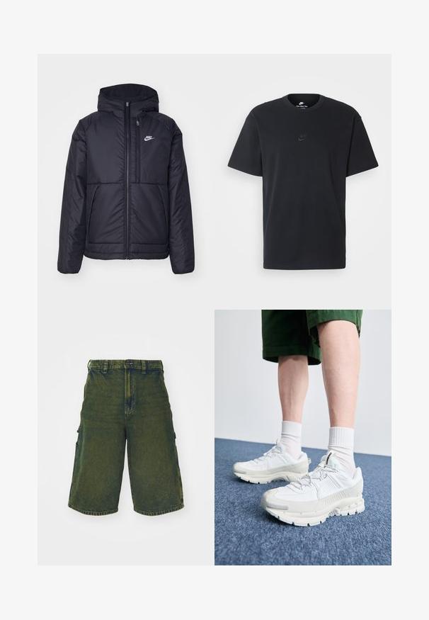 Fekete, párnázott Nike dzseki elülső cipzárral és kapucnival. A bal mellen fehér logó található, valamint két elülső zseb. Simának tűnő külső felület.; Fekete pamut póló Nike márkájú, klasszikus, kerek nyakú, rövid ujjú, és letisztult, dombornyomott logóval a mellkason. Simább textúra.; Zöld farmer cargo sort, laza szabással, oldalsó zsebekkel és gombos zárással. Kopott hatású textúra és egyenes szabás.; Fehér sportcipők texturált burkolattal, vastag talppal és szürke részletekkel. Fehér sportzoknival és zöld rövidnadrággal viselve, kék felületen.