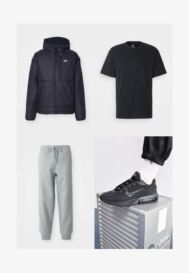 Czarna, pikowana kurtka Nike z przednim zamkiem błyskawicznym i kapturem. Posiada białe logo po lewej stronie klatki piersiowej oraz podwójne kieszenie z przodu. Gładka struktura zewnętrzna.; Czarny bawełniany t-shirt Nike z klasycznym okrągłym dekoltem, krótkimi rękawami oraz subtelnym, wytłoczonym logo na piersi. Gładka tekstura.; Szare dresowe spodnie z polaru z elastycznym pasem, sznurkiem do regulacji i nogawkami zakończonymi mankietami. Posiadają teksturowany materiał i subtelne detale szwów.; Nike Sportswear PULSE czarny