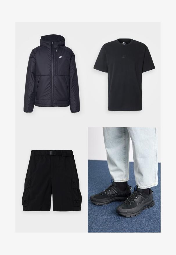 Black, padded Nike jacket with a front zipper and hood. Features a white logo on the left chest and dual front pockets. Smooth exterior texture.; Nike black cotton t-shirt with a classic crew neck, short sleeves, and a subtle, embossed logo on the chest. Smooth texture.; Black cargo shorts with an elastic waistband, adjustable belt, and two side pockets with a textured fabric finish.; Black athletic shoes with textured fabric and rubber soles, featuring elastic laces and a blue accent on the heel. Worn with light denim pants.
