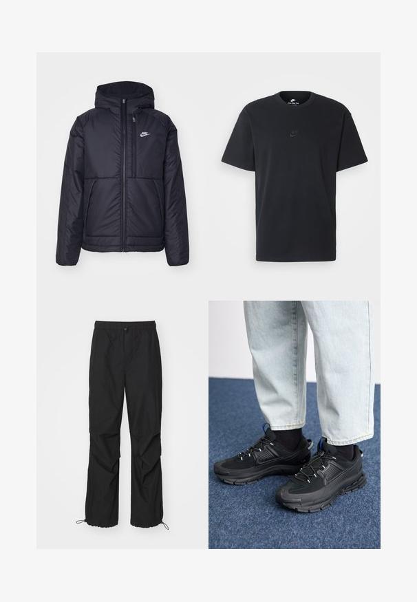 Zwarte, gewatteerde Nike-jas met een voorkant met ritssluiting en capuchon. Kenmerkt zich door een wit logo op de linkerborst en dubbele frontzakken. Gladde buitenkant.; Zwarte katoenen t-shirt van Nike met een klassieke ronde hals, korte mouwen en een subtiele, reliëflogo op de borst. Gladde textuur.; Zwarte, lichte trainingsbroek met een elastische tailleband, ritsaccenten en verstelbare manchetten; heeft een losse pasvorm en een gladde textuur.; Zwarte sportschoenen met gestructureerde stof en rubberen zolen, met elastische veters en een blauwe accent op de hiel. Draag samen met lichte spijkerbroeken.