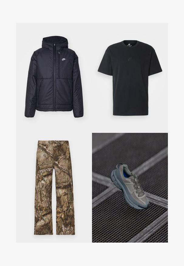 Zwarte, gewatteerde Nike-jas met een voorkant met ritssluiting en capuchon. Kenmerkt zich door een wit logo op de linkerborst en dubbele frontzakken. Gladde buitenkant.; Zwarte katoenen t-shirt van Nike met een klassieke ronde hals, korte mouwen en een subtiele, reliëflogo op de borst. Gladde textuur.; Camo print broeken in bruin, met een wijde pijpenontwerp en een elastische tailleband. Het materiaal lijkt op gestructureerde boomschors met bladaccenten.; Beige en grijze sportschoen met een textuur van mesh bovenwerk, een ronde neus en een rubberen zool, met veters en een gevoerd kransje.