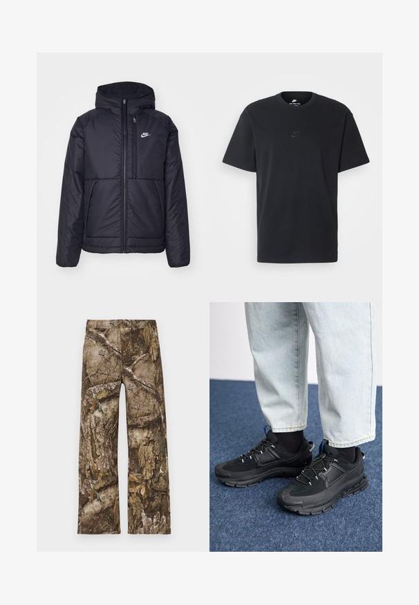 Fekete, párnázott Nike dzseki elülső cipzárral és kapucnival. A bal mellen fehér logó található, valamint két elülső zseb. Simának tűnő külső felület.; Fekete pamut póló Nike márkájú, klasszikus, kerek nyakú, rövid ujjú, és letisztult, dombornyomott logóval a mellkason. Simább textúra.; Barna álcázó mintás nadrág, széles lábú kialakítással és elasztikus derékkal. Az anyag texturált fakérghez hasonlít, levelek díszítik.; Fekete sportcipők texturált anyaggal és gumitalppal, elasztikus fűzőkkel és kék kiegészítővel a saroknál. Világos farmernadrággal viselve.