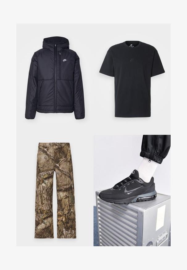 Zwarte, gewatteerde Nike-jas met een voorkant met ritssluiting en capuchon. Kenmerkt zich door een wit logo op de linkerborst en dubbele frontzakken. Gladde buitenkant.; Zwarte katoenen t-shirt van Nike met een klassieke ronde hals, korte mouwen en een subtiele, reliëflogo op de borst. Gladde textuur.; Camo print broeken in bruin, met een wijde pijpenontwerp en een elastische tailleband. Het materiaal lijkt op gestructureerde boomschors met bladaccenten.; Nike Sportswear PULSE - Sneakers laag - black/anthracite