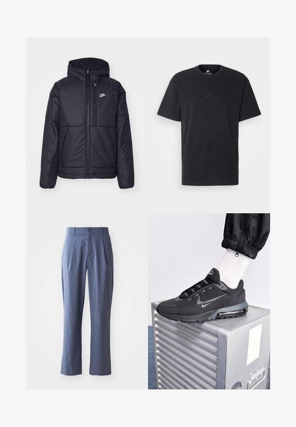 Černá zateplená bunda Nike s předním zipem a kapucí. Na levé straně hrudi má bílé logo a dvojité přední kapsy. Hladký povrch.; Černé bavlněné tričko Nike s klasickým kulatým výstřihem, krátkými rukávy a decentně vyraženým logem na hrudi. Hladký povrch.; Námořnické modré kalhoty s záhyby, rovného střihu, vyrobené z lehké tkaniny, s jedním předním knoflíkem a poutky na opasek.; Nike Sportswear PULSE - Tenisky - black/anthracite