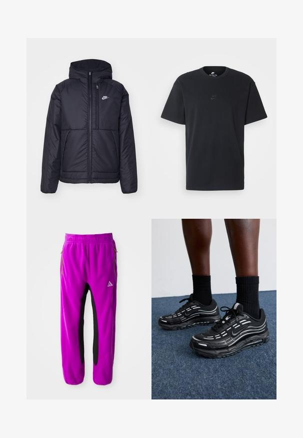 Črna, podložena Nike jakna z sprednjim zadrgo in kapuco. Ima bel logo na levem prsnem delu in dvojna sprednja žepa. Gladka zunanja tekstura.; Nike črna bombažna majica z klasičnim okroglim izrezom, kratkimi rokavi in subtilnim, vtisnjenim logotipom na prsih. Gladka tekstura.; Vijolične flis hlače s črnimi stranskimi detajli, z zadrgo zažepljenimi žepi in izvezenim logotipom. Elastični pas za varno prileganje.; Črne Nike čevlje imajo mrežasto zgornji del z naglasnimi črtami, teksturirane vezalke in črn gumijast podplat. Nosijo se s črnimi rebrastimi nogavicami.