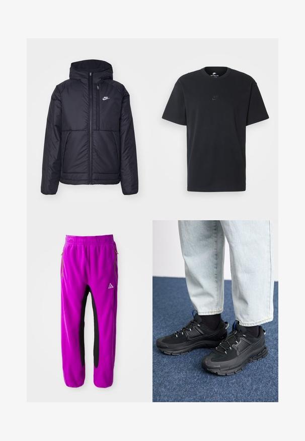 Casaco Nike preto, acolchoado, com fecho à frente e capuz. Apresenta um logo branco no lado esquerdo do peito e dois bolsos frontais. Textura exterior lisa.; T-shirt de algodão preto da Nike com um clássico decote redondo, mangas curtas e um logótipo em relevo discreto no peito. Textura suave.; Calças de fleece roxas com realces pretos, apresentando bolsos com fecho éclair e um logótipo bordado. Cintura elástica para um ajuste seguro.; Sapatilhas desportivas pretas com tecido texturizado e solas em borracha, apresentando atacadores elásticos e um detalhe azul no calcanhar. Usadas com calças de ganga claras.