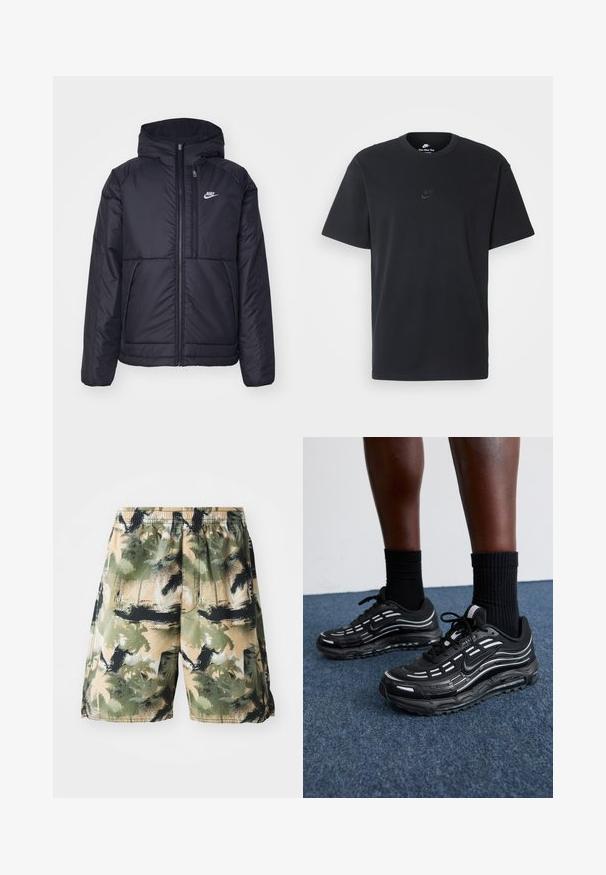 Fekete, párnázott Nike dzseki elülső cipzárral és kapucnival. A bal mellen fehér logó található, valamint két elülső zseb. Simának tűnő külső felület.; Fekete pamut póló Nike márkájú, klasszikus, kerek nyakú, rövid ujjú, és letisztult, dombornyomott logóval a mellkason. Simább textúra.; Férfi fürdőnadrág, könnyű és légáteresztő anyagból, trópusi pálma mintával zöld, fekete és bézs színekben. Rugalmas derékpánt tartozik hozzá.; Fekete Nike cipők hálós felsőrésszel, kiemelő csíkokkal, texturált fűzővel és fekete gumitalppal rendelkeznek. Fekete bordázott zoknikkal viselve.