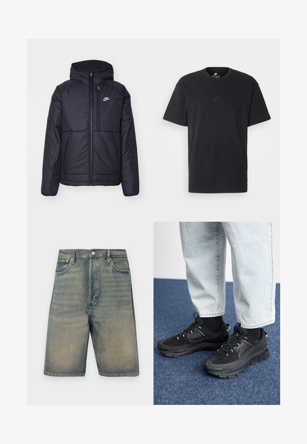 Black, padded Nike jacket with a front zipper and hood. Features a white logo on the left chest and dual front pockets. Smooth exterior texture.; Nike black cotton t-shirt with a classic crew neck, short sleeves, and a subtle, embossed logo on the chest. Smooth texture.; Denim shorts, faded blue color, high-waisted design, five-pocket style, with metal hardware and visible stitching accents.; Black athletic shoes with textured fabric and rubber soles, featuring elastic laces and a blue accent on the heel. Worn with light denim pants.
