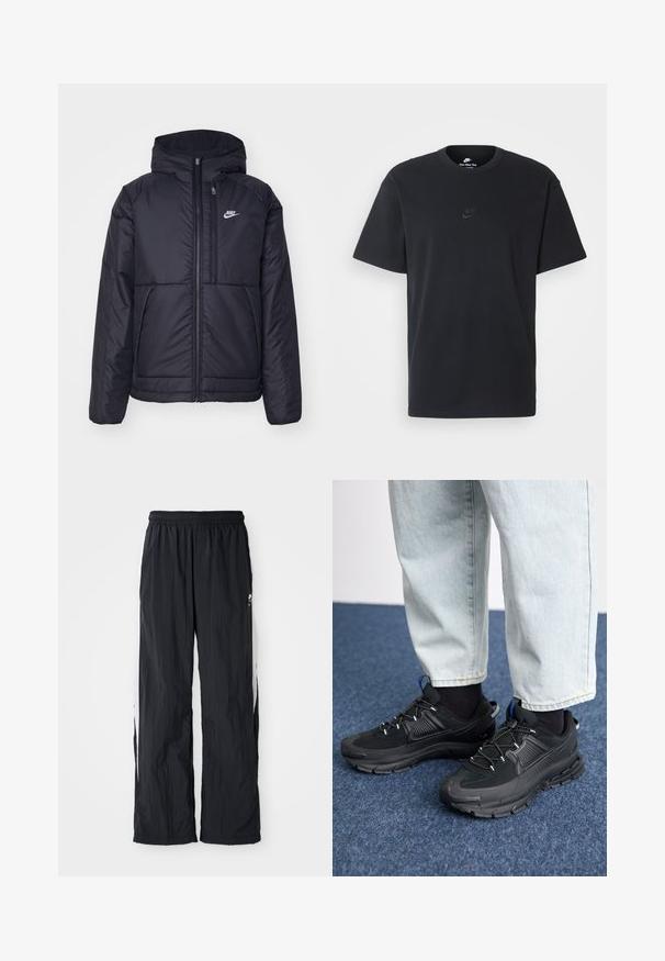 Melna, pufota Nike jaka ar priekšējo rāvējslēdzēju un kapuci. Iezīmēta ar baltu logotipu uz kreisās krūtis un divām priekšējām kabatām. Gluda ārējā tekstūra.; Nike melns kokvilnas T-krekls ar klasisku piegriezumu, īsām piedurknēm un smalku, reljefu logotipu uz krūškurvja. Gluda tekstūra.; Melnas neilona sporta bikses ar elastīgu jostu, kam ir baltas sānu paneļi un smalka logo detaļa priekšpusē.; Melni sporta apavi ar strukturētu audumu un gumijas zoli, ar elastīgām auklām un zilu akcentu uz papēža. Nēsāti ar gaišām džinsu biksēm.