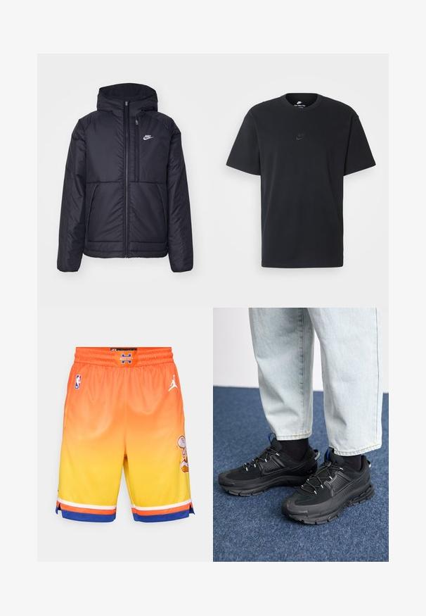 Čierna, polstrovaná bunda Nike so zipsom vpredu a kapucňou. Na ľavej strane hrude sa nachádza biele logo a sú tu dva predné vrecká. Hladký vonkajší povrch.; Čierne bavlnené tričko Nike s klasickým okrúhlym výstrihom, krátkymi rukávmi a jemne embosovaným logom na hrudi. Hladká textúra.; Basketbalové šortky v oranžovo-žltom prechode, vyrobené z sieťoviny, s bielym logom Jordan a detailom rozprávkovej postavy na boku. Elastický pás.; Čierne športové topánky s textúrovanou tkaninou a gumovou podrážkou, so elastickými šnúrkami a modrým akcentom na päte. Nosia sa s svetlými riflami.