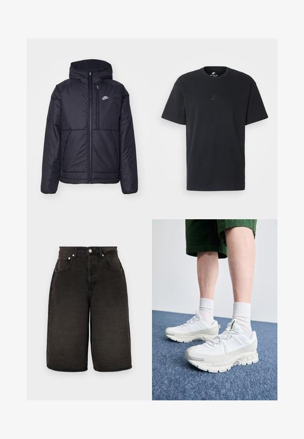 Must musta Nike jope, millel on ees lukuga avamine ja kapuuts. Vasakpoolne rind on kaunistatud valge logoga ning ees on kaks taskut. Sile välimine tekstuur.; Nike musta mustast puuvillast T-särk klassikalise ümmarguse kaelusega, lühikeste varrukatega ja õrna, reljeefse logoga rinnal. Sile tekstuur.; Mustad denim-lühikesed püksid sirge lõikega, esikottide, tõmbluku ja tekstureeritud kangaga, millel on peened kortsud. Hõbedased metalldetailid.; Valged sportsijalatsid tekstuursete pealsete, kopsaka tallaga ja hallide aktsentidega. Kanda valgete lühikeste sokkidega ja roheliste lühikeste pükstega sinisel pinnal.