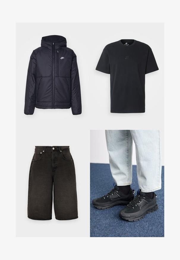 Črna, podložena Nike jakna z sprednjim zadrgo in kapuco. Ima bel logo na levem prsnem delu in dvojna sprednja žepa. Gladka zunanja tekstura.; Nike črna bombažna majica z klasičnim okroglim izrezom, kratkimi rokavi in subtilnim, vtisnjenim logotipom na prsih. Gladka tekstura.; Črne denim kratke hlače s ravnim rezom, ki imajo sprednje žepke, zadrgo in teksturno tkanino z nežnimi gubami. Srebrni detajli.; Črne športne čevlje z teksturirano tkanino in gumijastimi podplati, ki imajo elastične vezalke ter modre poudarke na peti. Nosi se z lahkimi denim hlačami.