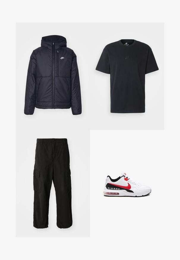 Zwarte, gewatteerde Nike-jas met een voorkant met ritssluiting en capuchon. Kenmerkt zich door een wit logo op de linkerborst en dubbele frontzakken. Gladde buitenkant.; Zwarte katoenen t-shirt van Nike met een klassieke ronde hals, korte mouwen en een subtiele, reliëflogo op de borst. Gladde textuur.; Zwarte cargo broeken van een zacht materiaal, met een losse pasvorm, zijvakjes en een knoopsluiting. De onderzoom is omgeslagen.; Witte sportieve schoen met zwarte en rode accenten, voorzien van een bovenwerk van glad leer, vetersluiting aan de voorkant en zichtbare luchtkussens in de zool.