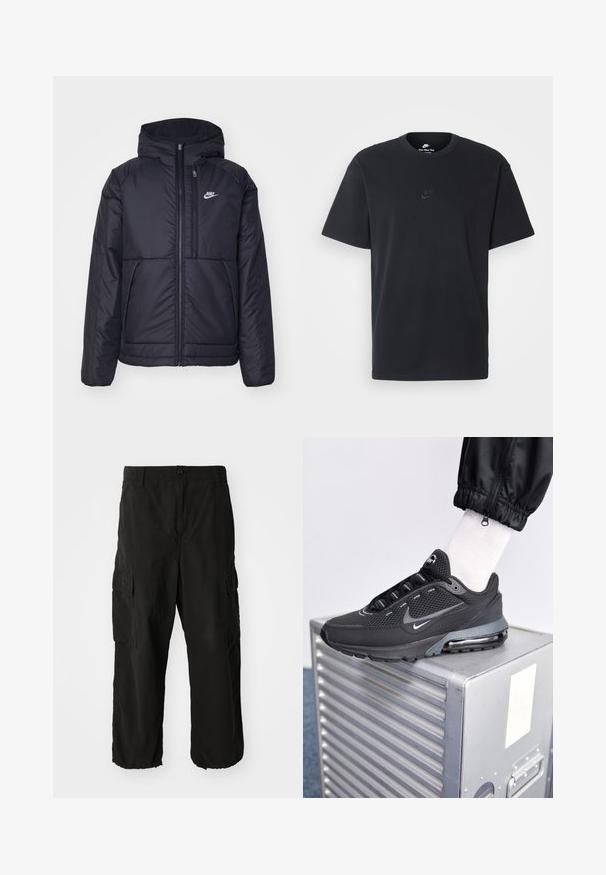 Zwarte, gewatteerde Nike-jas met een voorkant met ritssluiting en capuchon. Kenmerkt zich door een wit logo op de linkerborst en dubbele frontzakken. Gladde buitenkant.; Zwarte katoenen t-shirt van Nike met een klassieke ronde hals, korte mouwen en een subtiele, reliëflogo op de borst. Gladde textuur.; Zwarte cargo broeken van een zacht materiaal, met een losse pasvorm, zijvakjes en een knoopsluiting. De onderzoom is omgeslagen.; Nike Sportswear PULSE - Sneakers laag - black/anthracite
