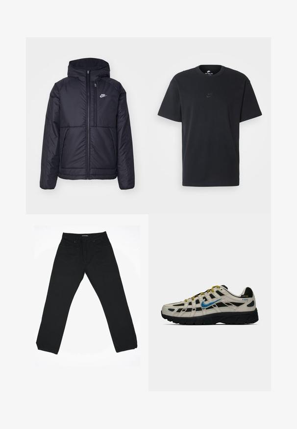 Juodas, paminkštintas Nike džemperis su priekyje užtrauktuku ir gobtuvu. Pasižymi balta logo kairėje krūtinės pusėje ir dviem priekinėmis kišenėmis. Su lygiu išoriniu paviršiumi.; Juodas medvilninis Nike marškinėliai su klasikinėmis apykaklėmis, trumpomis rankovėmis ir subtiliu, įspaustu logotipu ant krūtinės. Sklandus tekstūra.; Juodi džinsai su tiesiu sijonu, turintys vidutinį juosmens aukštį, penkias kišenes ir subtilius siuvinėjimo dekorus.; Bežiniai ir juodi Nike P-6000 sportbačiai su mėlynu swoosh, geltonomis raištelėmis, juodu padu ir Cordura audinio etikete ant kulno.