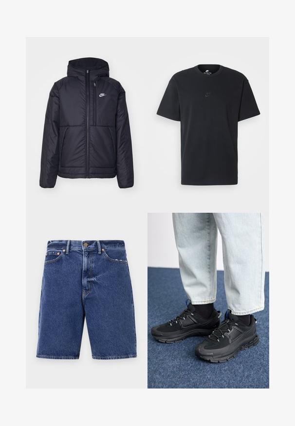 Črna, podložena Nike jakna z sprednjim zadrgo in kapuco. Ima bel logo na levem prsnem delu in dvojna sprednja žepa. Gladka zunanja tekstura.; Nike črna bombažna majica z klasičnim okroglim izrezom, kratkimi rokavi in subtilnim, vtisnjenim logotipom na prsih. Gladka tekstura.; Denim kratke hlače v temno modri barvi s klasičnim krojem, z gumbom za zapiranje, petimi žepi in kontrastnim oranžnim šivom.; Črne športne čevlje z teksturirano tkanino in gumijastimi podplati, ki imajo elastične vezalke ter modre poudarke na peti. Nosi se z lahkimi denim hlačami.