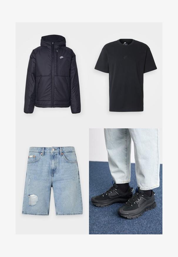 Melna, pufota Nike jaka ar priekšējo rāvējslēdzēju un kapuci. Iezīmēta ar baltu logotipu uz kreisās krūtis un divām priekšējām kabatām. Gluda ārējā tekstūra.; Nike melns kokvilnas T-krekls ar klasisku piegriezumu, īsām piedurknēm un smalku, reljefu logotipu uz krūškurvja. Gluda tekstūra.; Gaiši zili džinsi šorti ar novecojušu dizainu. Iezīmē frēzētas malas un plecus, pieci kabatas un metāla pogas aizdare.; Melni sporta apavi ar strukturētu audumu un gumijas zoli, ar elastīgām auklām un zilu akcentu uz papēža. Nēsāti ar gaišām džinsu biksēm.