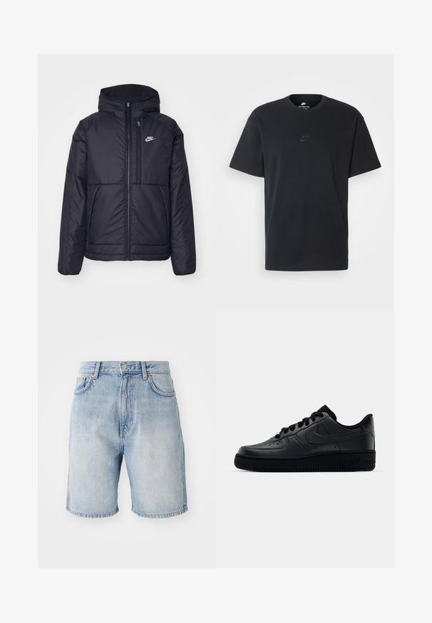 Fekete, párnázott Nike dzseki elülső cipzárral és kapucnival. A bal mellen fehér logó található, valamint két elülső zseb. Simának tűnő külső felület.; Fekete pamut póló Nike márkájú, klasszikus, kerek nyakú, rövid ujjú, és letisztult, dombornyomott logóval a mellkason. Simább textúra.; Világoskék farmer rövidnadrág magas derékkal, öt zsebbel és kontrasztos varrással. Szegélyezett hajtókák és fém gombos zárás.; Fekete Nike Air Force 1 sneaker sima bőr felsőrészével, perforált orrával a légáteresztés érdekében, fekete cipőfűzőkkel és textúrált gumitalppal.
