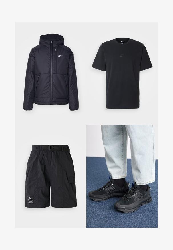 Chaqueta acolchada negra de Nike con cremallera frontal y capucha. Presenta un logo blanco en el lado izquierdo del pecho y dos bolsillos frontales. Textura exterior suave.; Camiseta negra de algodón de Nike con un clásico cuello redondo, mangas cortas y un sutil logo en relieve en el pecho. Textura suave.; Pantalones cortos cargo negros hechos de tela ligera. Cuentan con una cintura elástica con cinturón, bolsillo lateral y una parche con logo en la pierna izquierda.; Zapatillas deportivas negras con tejido texturizado y suelas de goma, con cordones elásticos y un acento azul en el talón. Combinadas con pantalones de mezclilla claros.
