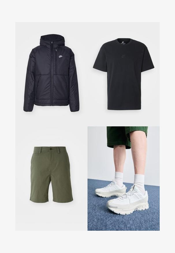 Casaco Nike preto, acolchoado, com fecho à frente e capuz. Apresenta um logo branco no lado esquerdo do peito e dois bolsos frontais. Textura exterior lisa.; T-shirt de algodão preto da Nike com um clássico decote redondo, mangas curtas e um logótipo em relevo discreto no peito. Textura suave.; Calções verde-oliva feitos de um tecido leve, com frente plana, dois bolsos laterais, um bolso traseiro e fecho com botão.; Sapatos atléticos brancos com sobreposições texturizadas, sola espessa e detalhes em cinza. Usados com meias brancas até ao tornozelo e calções verdes sobre uma superfície azul.