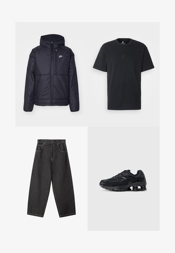 Fekete, párnázott Nike dzseki elülső cipzárral és kapucnival. A bal mellen fehér logó található, valamint két elülső zseb. Simának tűnő külső felület.; Fekete pamut póló Nike márkájú, klasszikus, kerek nyakú, rövid ujjú, és letisztult, dombornyomott logóval a mellkason. Simább textúra.; Fekete farmer széles lábú nadrág sárga varrással, öt zsebes kialakítással és közepes derékkal. Texturált anyag sima felülettel.; Fekete sportcipő hálós felsőrésszel, párnázott szegéllyel és kiemelkedő párnázási technológiával a saroknál. Texturált díszítésekkel és fűzőkkel rendelkezik.