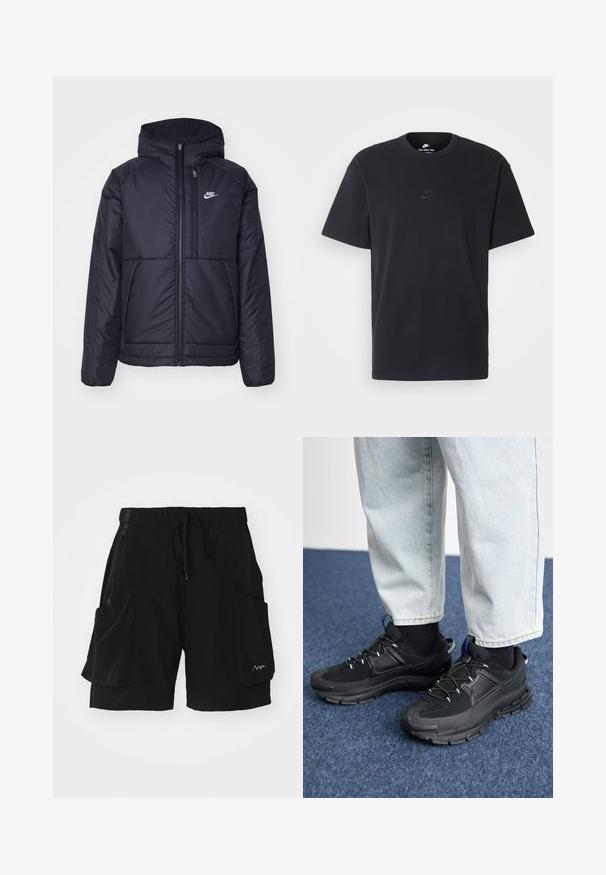 Black, padded Nike jacket with a front zipper and hood. Features a white logo on the left chest and dual front pockets. Smooth exterior texture.; Nike black cotton t-shirt with a classic crew neck, short sleeves, and a subtle, embossed logo on the chest. Smooth texture.; Black cargo shorts made of lightweight material, featuring an elastic waistband with drawstring, multiple side pockets, and logo accent.; Black athletic shoes with textured fabric and rubber soles, featuring elastic laces and a blue accent on the heel. Worn with light denim pants.