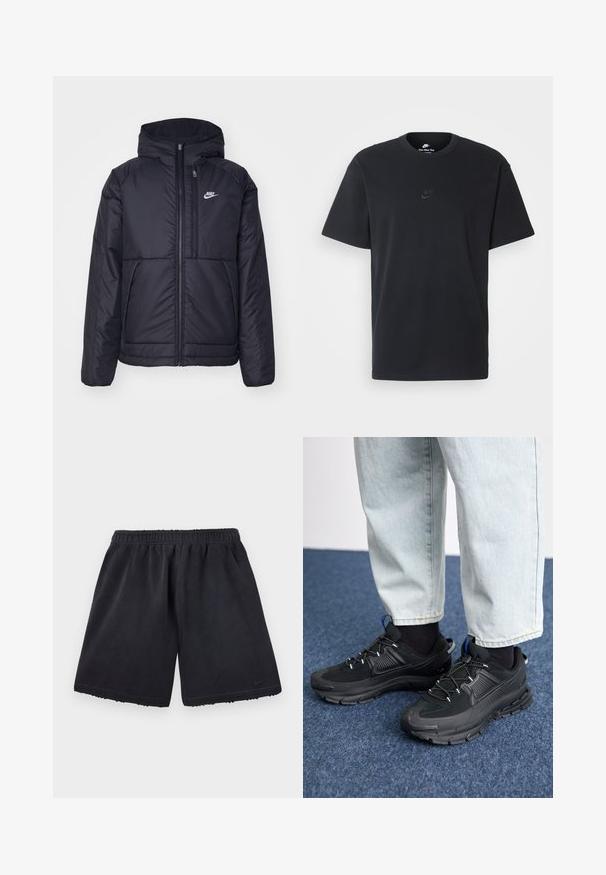 Czarna, pikowana kurtka Nike z przednim zamkiem błyskawicznym i kapturem. Posiada białe logo po lewej stronie klatki piersiowej oraz podwójne kieszenie z przodu. Gładka struktura zewnętrzna.; Czarny bawełniany t-shirt Nike z klasycznym okrągłym dekoltem, krótkimi rękawami oraz subtelnym, wytłoczonym logo na piersi. Gładka tekstura.; Czarne spodenki sportowe wykonane z miękkiego materiału, z elastycznym pasem, prostym krojem i małym logo Nike na dolnym lewym przodzie.; Czarne buty sportowe z teksturowanej tkaniny i gumowymi podeszwami, z elastycznymi sznurówkami i niebieskim akcentem na pięcie. Noszone z jasnymi dżinsami.