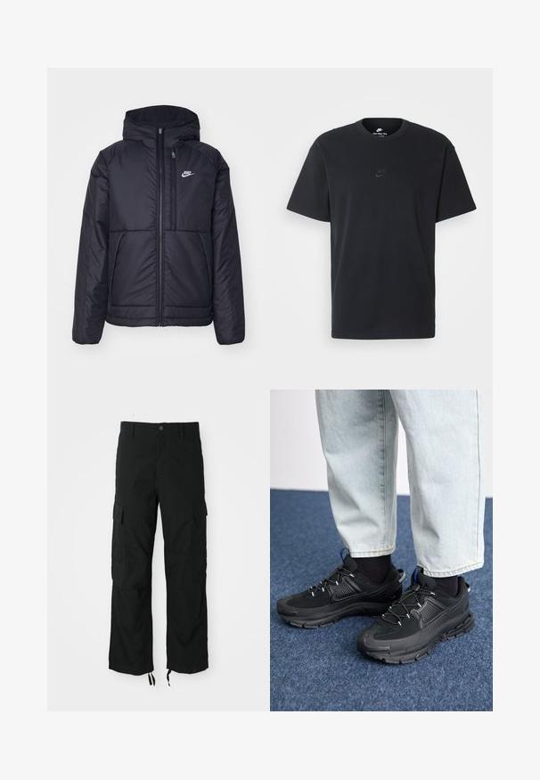 Must musta Nike jope, millel on ees lukuga avamine ja kapuuts. Vasakpoolne rind on kaunistatud valge logoga ning ees on kaks taskut. Sile välimine tekstuur.; Nike musta mustast puuvillast T-särk klassikalise ümmarguse kaelusega, lühikeste varrukatega ja õrna, reljeefse logoga rinnal. Sile tekstuur.; Mustad lossi püksid, mis on valmistatud vastupidavast kangast, esitavad kaks külgtaskut, nööbiklapi ja reguleeritavad paelad vaba, lõdva istuvuse jaoks.; Mustad mustad jooksukingad, millel on tekstureeritud kangas ja kummist tallad, elastsed nöörid ning sinine aksent kandadel. Kandmine heledate teksadega.