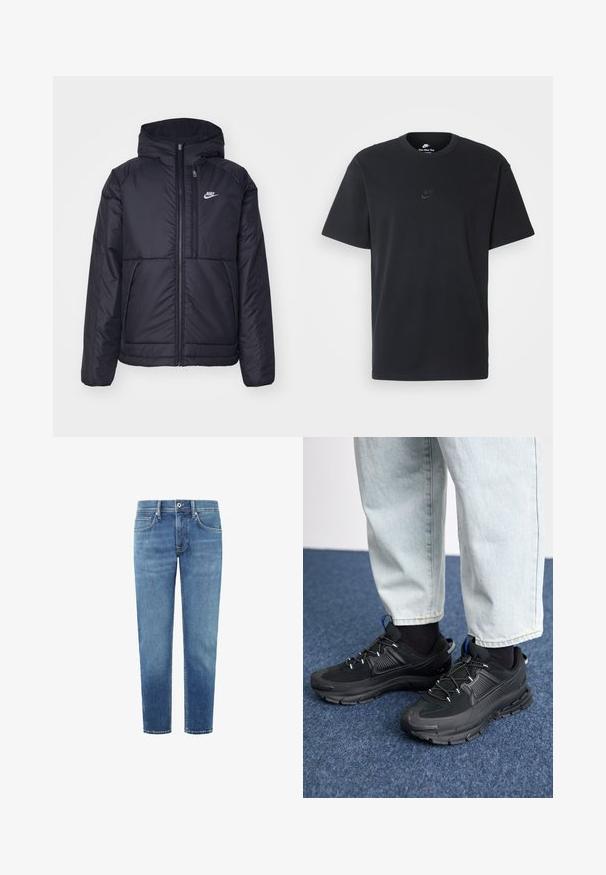 Melna, pufota Nike jaka ar priekšējo rāvējslēdzēju un kapuci. Iezīmēta ar baltu logotipu uz kreisās krūtis un divām priekšējām kabatām. Gluda ārējā tekstūra.; Nike melns kokvilnas T-krekls ar klasisku piegriezumu, īsām piedurknēm un smalku, reljefu logotipu uz krūškurvja. Gluda tekstūra.; Gaiši zili džinsi ar taisnu griezumu, piecām kabatām un klasisku vidukļa joslu. Gluda tekstūra ar smalku izbalēšanu un kontrastējošiem šuvēm.; Melni sporta apavi ar strukturētu audumu un gumijas zoli, ar elastīgām auklām un zilu akcentu uz papēža. Nēsāti ar gaišām džinsu biksēm.