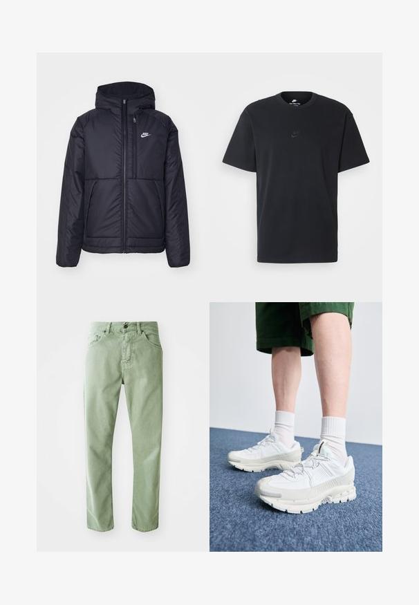Casaco Nike preto, acolchoado, com fecho à frente e capuz. Apresenta um logo branco no lado esquerdo do peito e dois bolsos frontais. Textura exterior lisa.; T-shirt de algodão preto da Nike com um clássico decote redondo, mangas curtas e um logótipo em relevo discreto no peito. Textura suave.; Jeans de ganga verdes com corte recto, cinco bolsos e fecho frontal com botão. Apresentam uma textura subtil e um acabamento limpo.; Sapatos atléticos brancos com sobreposições texturizadas, sola espessa e detalhes em cinza. Usados com meias brancas até ao tornozelo e calções verdes sobre uma superfície azul.