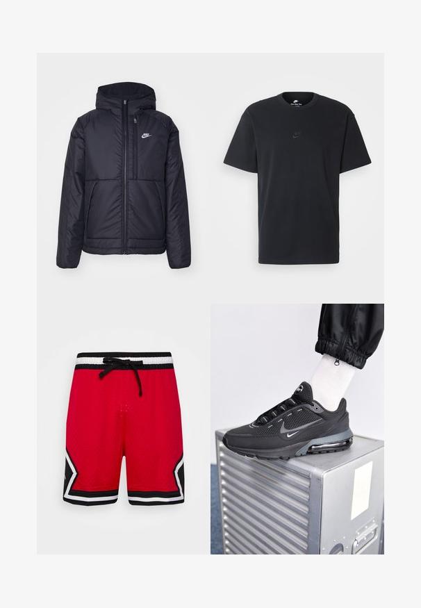 Chaqueta acolchada negra de Nike con cremallera frontal y capucha. Presenta un logo blanco en el lado izquierdo del pecho y dos bolsillos frontales. Textura exterior suave.; Camiseta negra de algodón de Nike con un clásico cuello redondo, mangas cortas y un sutil logo en relieve en el pecho. Textura suave.; Jordan DIAMOND SHORT - Pantalón corto de deporte - gym red/black; Nike Sportswear PULSE - Zapatillas - black/anthracite