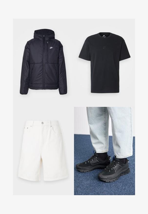 Veste Nike noire rembourrée avec une fermeture éclair sur le devant et une capuche. Elle présente un logo blanc sur la poitrine gauche et deux poches avant. Texture extérieure lisse.; T-shirt en coton noir Nike avec un col rond classique, des manches courtes et un logo embossé subtil sur la poitrine. Texture lisse.; Shorts en denim blanc à coupe droite, avec cinq poches et fermeture à bouton en métal argenté. Présente une texture robuste et des bords ourlés.; Des chaussures de sport noires avec un tissu texturé et des semelles en caoutchouc, dotées de lacets élastiques et d'un accent bleu au talon. Portées avec un pantalon en denim clair.