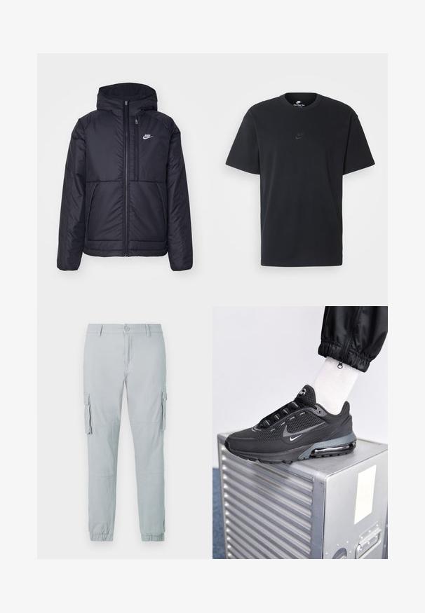 Schwarze, gepolsterte Nike-Jacke mit Frontreißverschluss und Kapuze. Hat ein weißes Logo auf der linken Brust und zwei Fronttaschen. Glattes äußeres Material.; Schwarzes Baumwoll-T-Shirt von Nike mit klassischem Rundhalsausschnitt, kurzen Ärmeln und einem dezenten, geprägten Logo auf der Brust. Glatte Textur.; Helle graue Cargo-Hosen mit vorderem Knopf, seitlichen Klappentaschen, Kniefalten und elastischen Bündchen an den Knöcheln.; Nike Sportswear PULSE - Sneaker low - black/anthracite