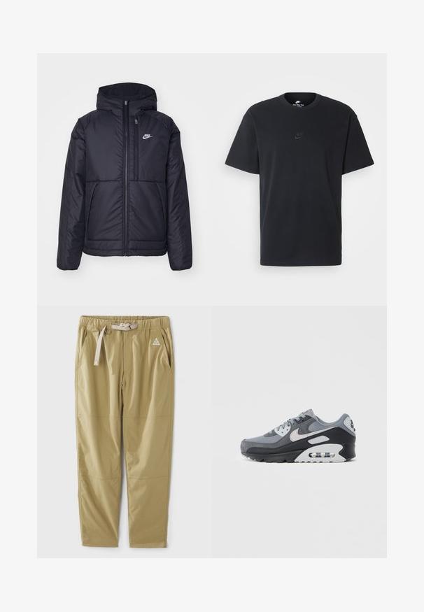 Melna, pufota Nike jaka ar priekšējo rāvējslēdzēju un kapuci. Iezīmēta ar baltu logotipu uz kreisās krūtis un divām priekšējām kabatām. Gluda ārējā tekstūra.; Nike melns kokvilnas T-krekls ar klasisku piegriezumu, īsām piedurknēm un smalku, reljefu logotipu uz krūškurvja. Gluda tekstūra.; Gaiši haki krāsas vieglais bikses ar elastīgu jostu un auklu. Aprīkots ar sānu kabatām un trīsstūra logotipu augšējā kājā.; Pelēki sporta apavi ar acs un zamšāda materiālu kombināciju, melnu zolīti un redzamu gaisa spilventiņu. Izceltas gaiši pelēkas detaļas un auklas.