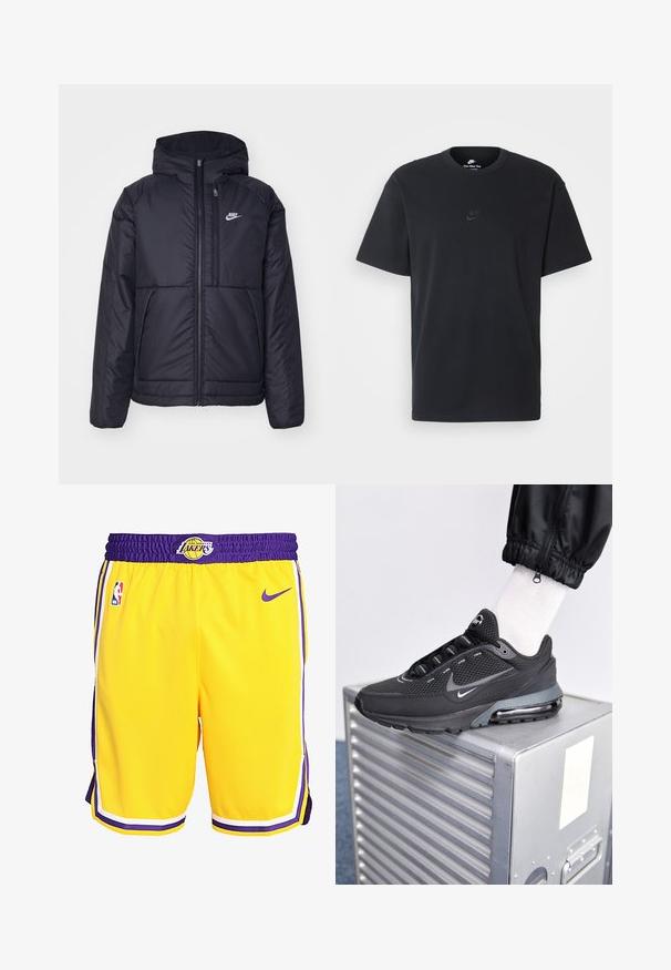 Giacca Nike nera, imbottita, con zip frontale e cappuccio. Presenta un logo bianco sul lato sinistro del petto e doppie tasche frontali. Texture esterna liscia.; T-shirt in cotone nero della Nike con collo rotondo classico, maniche corte e un logo in rilievo discreto sul petto. Texture liscia.; Pantaloni basketball gialli con accenti viola, dotati di una cintura elastica, tasche laterali e il logo dei Los Angeles Lakers sul davanti.; Nike Sportswear PULSE - Sneakers basse - black/anthracite