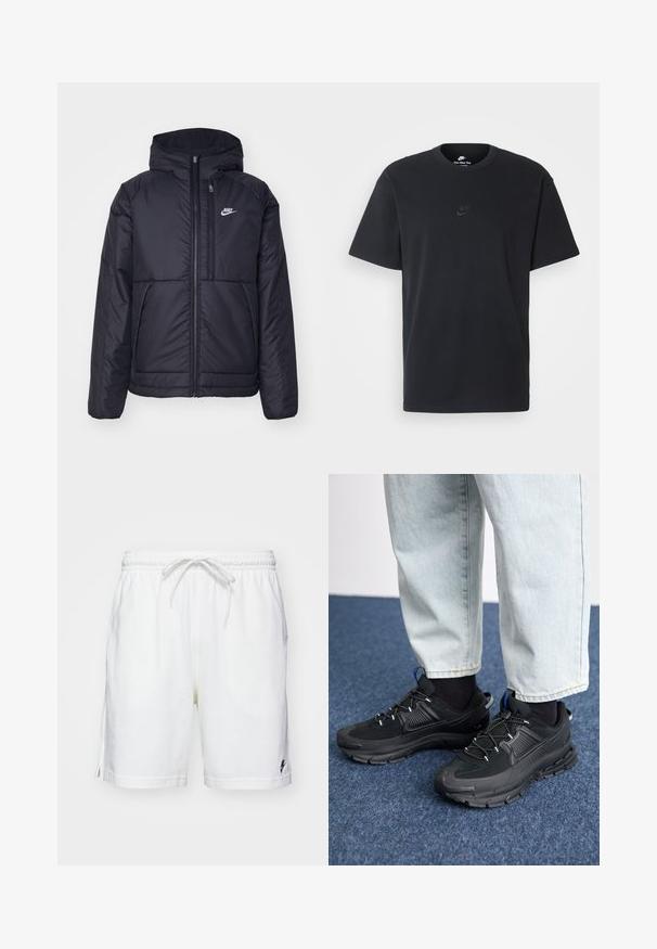 Casaco Nike preto, acolchoado, com fecho à frente e capuz. Apresenta um logo branco no lado esquerdo do peito e dois bolsos frontais. Textura exterior lisa.; T-shirt de algodão preto da Nike com um clássico decote redondo, mangas curtas e um logótipo em relevo discreto no peito. Textura suave.; Bermudas brancas em algodão com um cós elástico, cordão de ajuste e rachas laterais. Apresenta um pequeno logótipo preto na bainha esquerda.; Sapatilhas desportivas pretas com tecido texturizado e solas em borracha, apresentando atacadores elásticos e um detalhe azul no calcanhar. Usadas com calças de ganga claras.