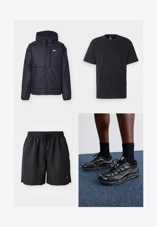 Černá zateplená bunda Nike s předním zipem a kapucí. Na levé straně hrudi má bílé logo a dvojité přední kapsy. Hladký povrch.; Černé bavlněné tričko Nike s klasickým kulatým výstřihem, krátkými rukávy a decentně vyraženým logem na hrudi. Hladký povrch.; Černé kraťasy vyrobené z lehkého materiálu, s elastickým pasem, stahovací šňůrkou a malým logem v oranžové a červené barvě na dolní levé straně.; Černé boty Nike mají síťovanou horní část s akcentovými pruhy, texturované šněrování a černou gumovou podrážku. Nosené s černými žebrovanými ponožkami.